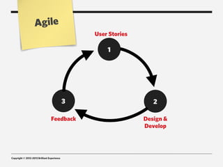 Agile
                                                 User Stories

                                                     1




                                             3                     2

                                  Feedback                      Design &
                                                                Develop




Copyright © 2012-2013 Brilliant Experience
 