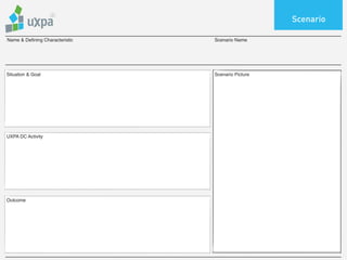 Scenario

Name & Defining Characteristic   Scenario Name




Situation & Goal                 Scenario Picture




UXPA DC Activity




Outcome
 