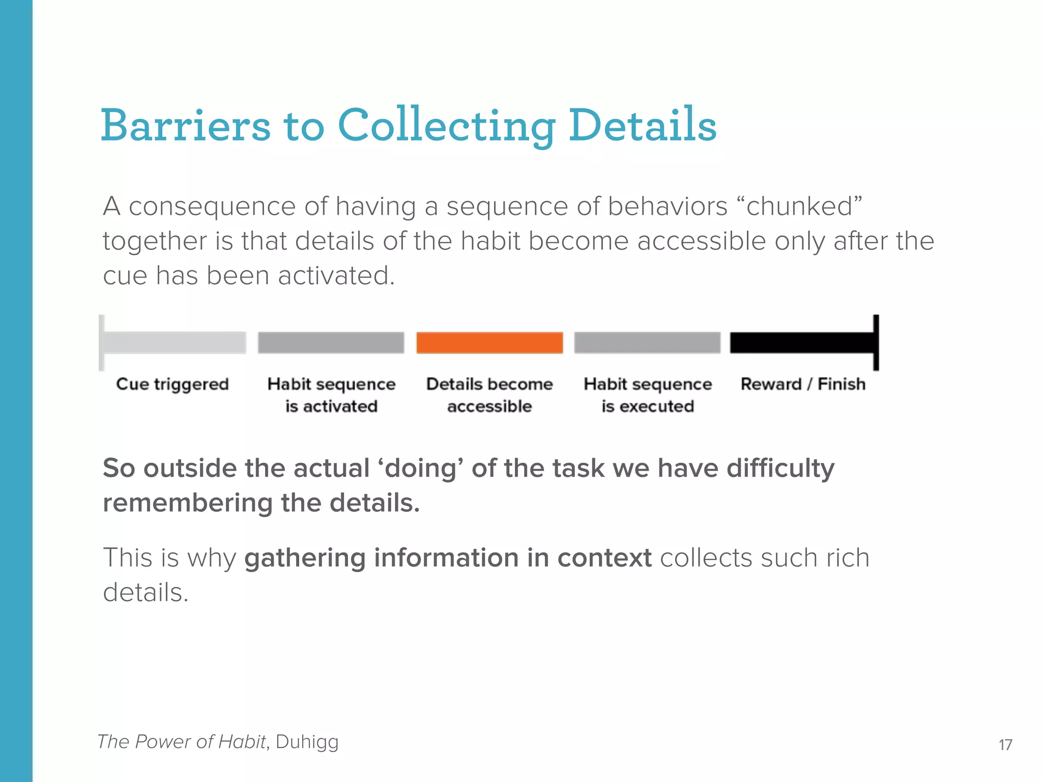 A consequence of having a sequence of behaviors “chunked”
together is that details of the habit become accessible only after the
cue has been activated.
So outside the actual ‘doing’ of the task we have diﬃculty
remembering the details.
This is why gathering information in context collects such rich
details.
Barriers to Collecting Details
17The Power of Habit, Duhigg
 