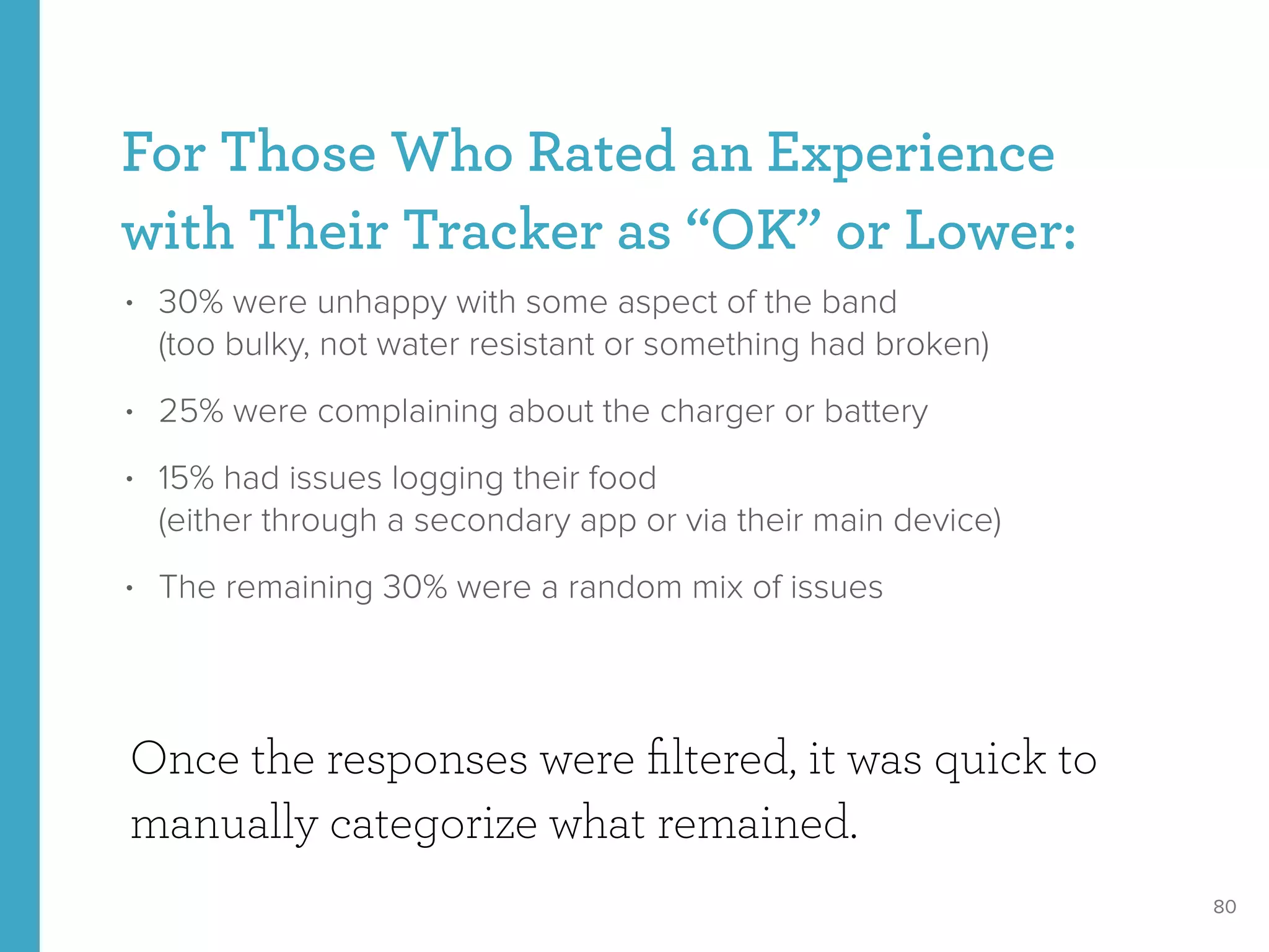 For Those Who Rated an Experience
with Their Tracker as “OK” or Lower:
• 30% were unhappy with some aspect of the band  
(too bulky, not water resistant or something had broken)
• 25% were complaining about the charger or battery
• 15% had issues logging their food  
(either through a secondary app or via their main device)
• The remaining 30% were a random mix of issues
80
Once the responses were ﬁltered, it was quick to
manually categorize what remained.
 