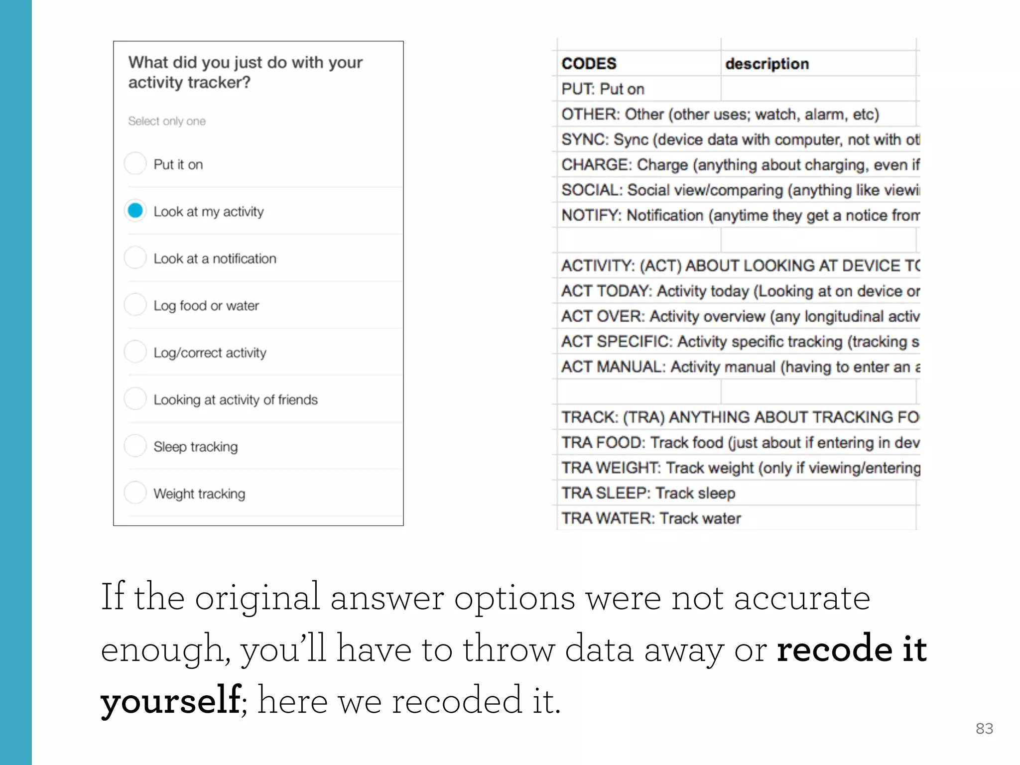 83
If the original answer options were not accurate
enough, you’ll have to throw data away or recode it
yourself; here we recoded it.
 