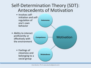Amy Bucher, Ph.D. (amy.bucher@gmail.com)
Self-Determination Theory (SDT):
Antecedents of Motivation
Motivation
 