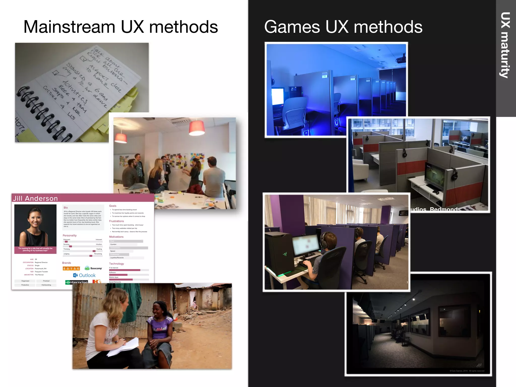 Microsoft Studios, RedmondPlayer Research, Brighton
Games UX methodsMainstream UX methods
UXmaturity
 