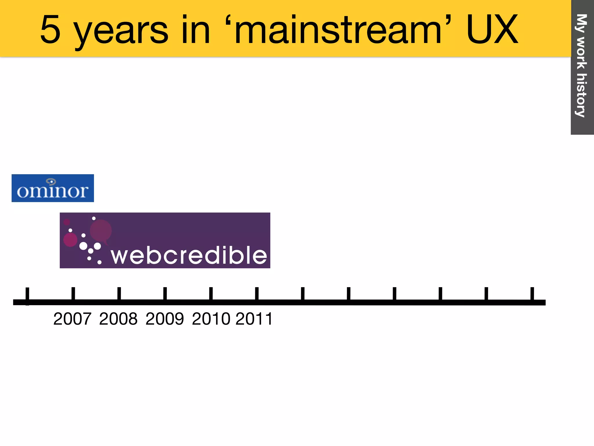 Myworkhistory
2007 2008 2009 2010 2011
5 years in ‘mainstream’ UX
 