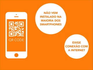 NÃO VEM
INSTALADO NA
MAIORIA DOS
SMARTPHONES
EXIGE
CONEXÃO COM
A INTERNET
QR CODE
 
