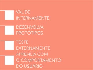 DESENVOLVA
PROTÓTIPOS
VALIDE
INTERNAMENTE
APRENDA COM
O COMPORTAMENTO
DO USUÁRIO
TESTE
EXTERNAMENTE
 