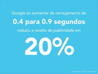 0.4 para 0.9 segundos
20%
Marissa Mayer - Web 2.0 Conference 2006
reduziu a receita de publicidade em
Google ao aumentar de carregamento de
 