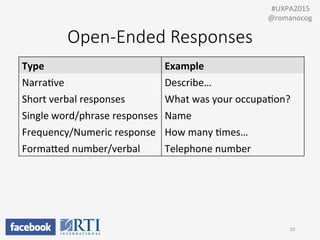 Open-­‐Ended  Responses
10	
  
	
  	
  #UXPA2015	
  
@romanocog	
  
Type	
   Example	
  
NarraPve	
   Describe…	
  
Short	
  verbal	
  responses	
   What	
  was	
  your	
  occupaPon?	
  
Single	
  word/phrase	
  responses	
   Name	
  
Frequency/Numeric	
  response	
   How	
  many	
  Pmes…	
  
FormaUed	
  number/verbal	
   Telephone	
  number	
  
 