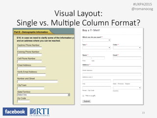 Visual  Layout:    
Single  vs.  Mul;ple  Column  Format?
23	
  
	
  	
  #UXPA2015	
  
@romanocog	
  
 