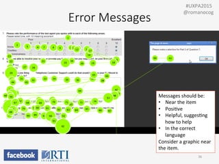 •  Should	
  be	
  near	
  the	
  item	
  
•  Should	
  be	
  posiPve	
  and	
  helpful,	
  suggesPng	
  HOW	
  to	
  
help	
  
•  Bad	
  error	
  message:	
  
36	
  
Messages	
  should	
  be:	
  
•  Near	
  the	
  item	
  
•  PosiPve	
  
•  Helpful,	
  suggesPng	
  
how	
  to	
  help	
  
•  In	
  the	
  correct	
  
language	
  
Consider	
  a	
  graphic	
  near	
  
the	
  item.	
  
	
  	
  #UXPA2015	
  
@romanocog	
  
Error  Messages
 