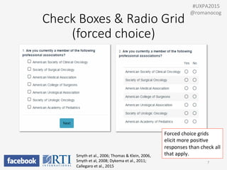 Check  Boxes  &  Radio  Grid    
(forced  choice)
Smyth	
  et	
  al.,	
  2006;	
  Thomas	
  &	
  Klein,	
  2006,	
  
Smyth	
  et	
  al,	
  2008;	
  Dykema	
  et	
  al.,	
  2011;	
  
Callegaro	
  et	
  al.,	
  2015	
  
7	
  
	
  	
  #UXPA2015	
  
@romanocog	
  
Forced	
  choice	
  grids	
  
elicit	
  more	
  posiPve	
  
responses	
  than	
  check	
  all	
  
that	
  apply.	
  
 