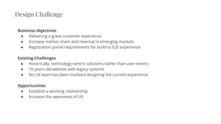 Design Challenge
Business objectives
● Delivering a great customer experience
● Increase market share and revenue in emerging markets
● Registration portal requirements for build to E2E experience
Existing Challenges
● Historically, technology-centric solutions rather than user-centric
● 10 years old website with legacy systems
● No UX team has been involved designing the current experience.
Opportunities
● Establish a working relationship
● Increase the awareness of UX
 