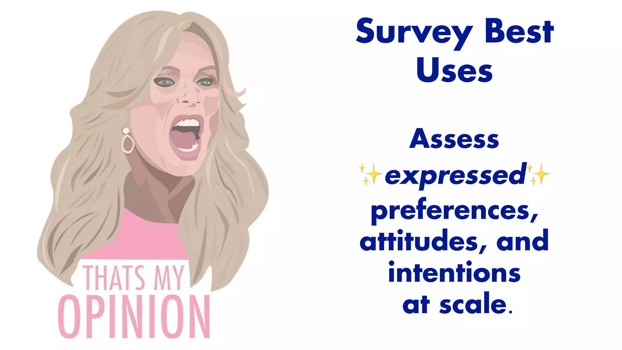 Assess
✨expressed✨
preferences,
attitudes, and
intentions


at scale.
Survey Best
Uses


 