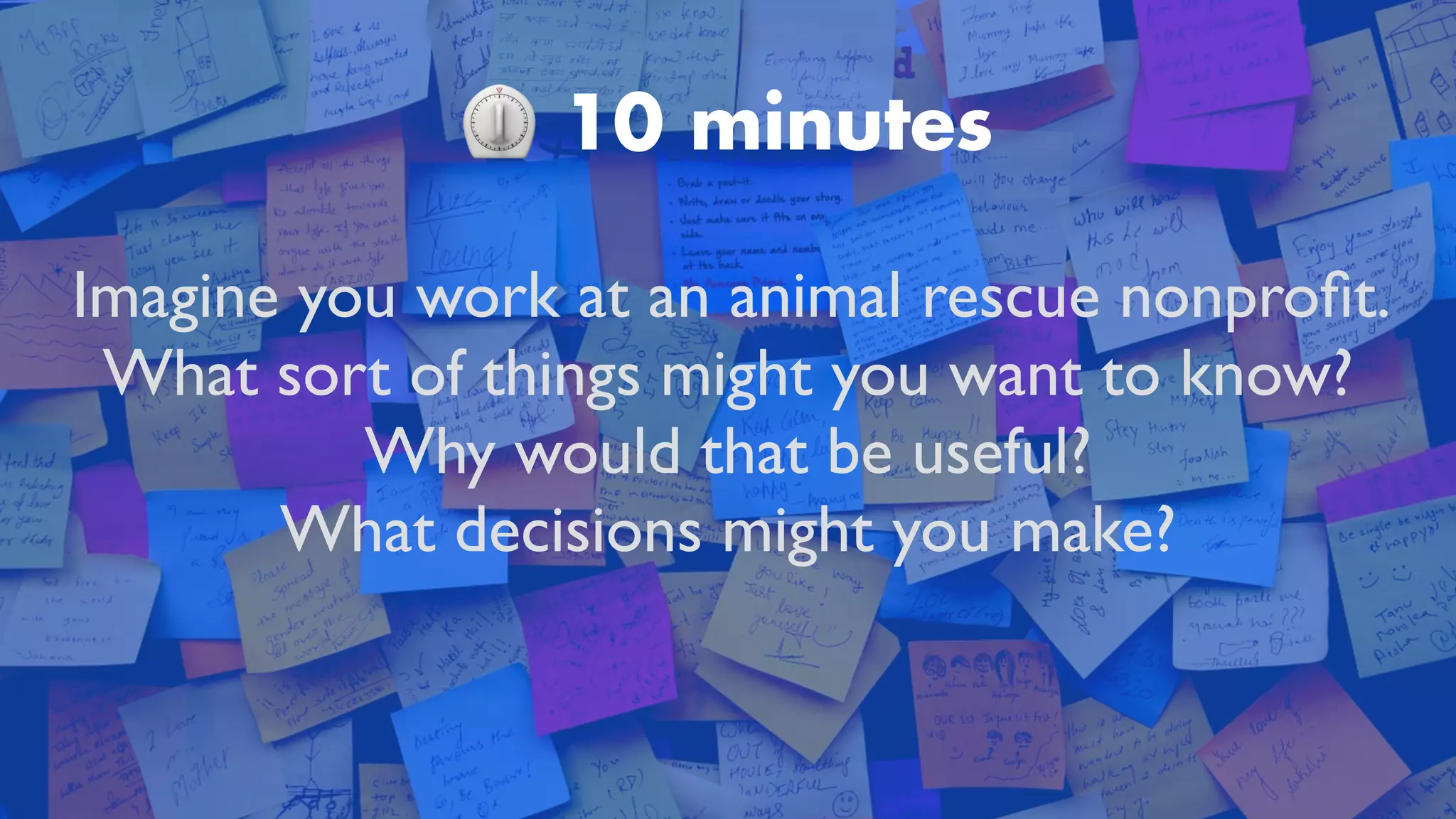 ⏲ 10 minutes
Imagine you work at an animal rescue nonpro
fi
t.
What sort of things might you want to know?
 

Why would that be useful?
 

What decisions might you make?
 

 