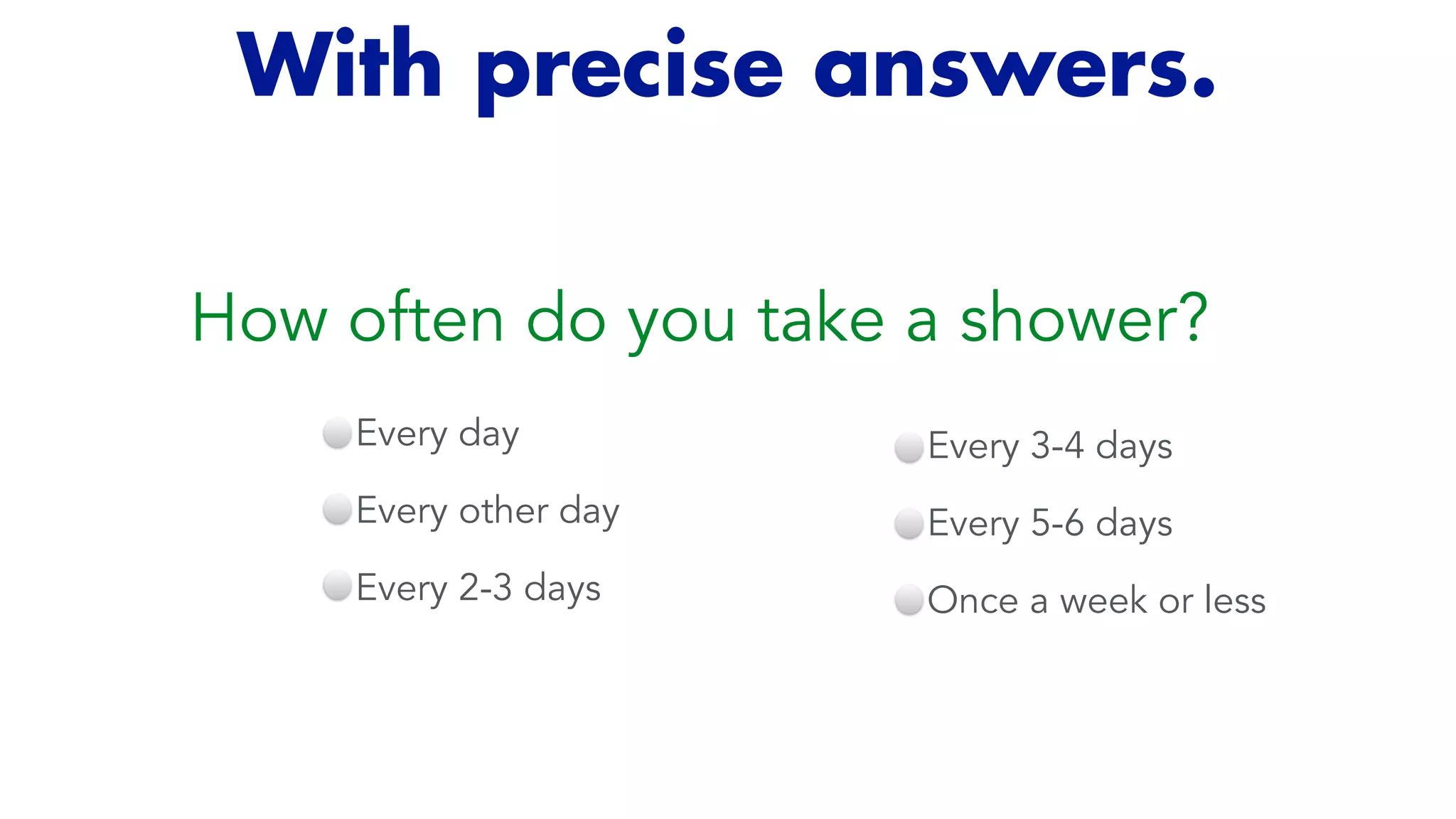 How often do you take a shower?
Every day


Every other day


Every 2-3 days
Every 3-4 days


Every 5-6 days


Once a week or less
With precise answers.
 