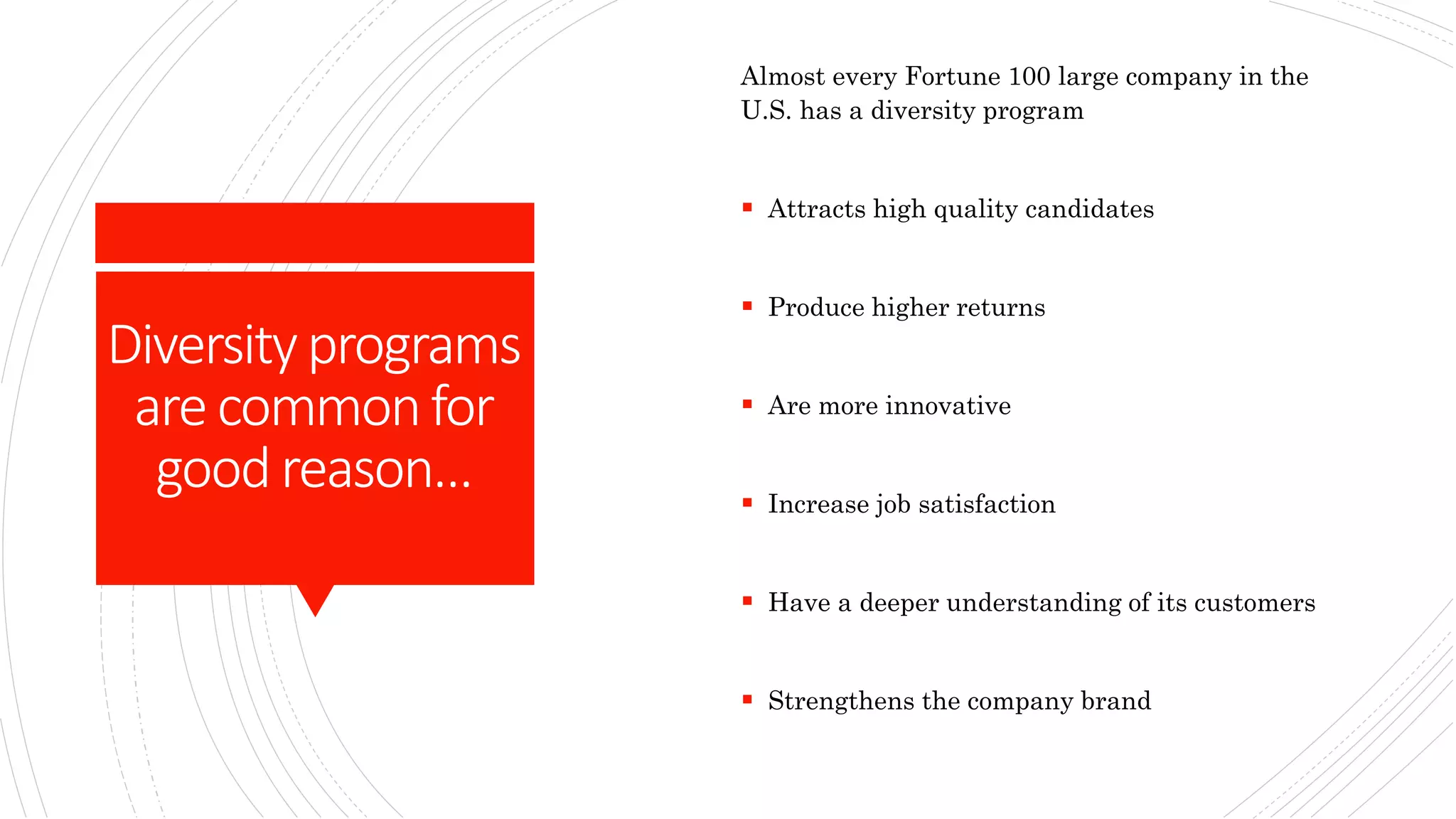 Diversityprograms
arecommonfor
goodreason…
Almost every Fortune 100 large company in the
U.S. has a diversity program
 Attracts high quality candidates
 Produce higher returns
 Are more innovative
 Increase job satisfaction
 Have a deeper understanding of its customers
 Strengthens the company brand
 