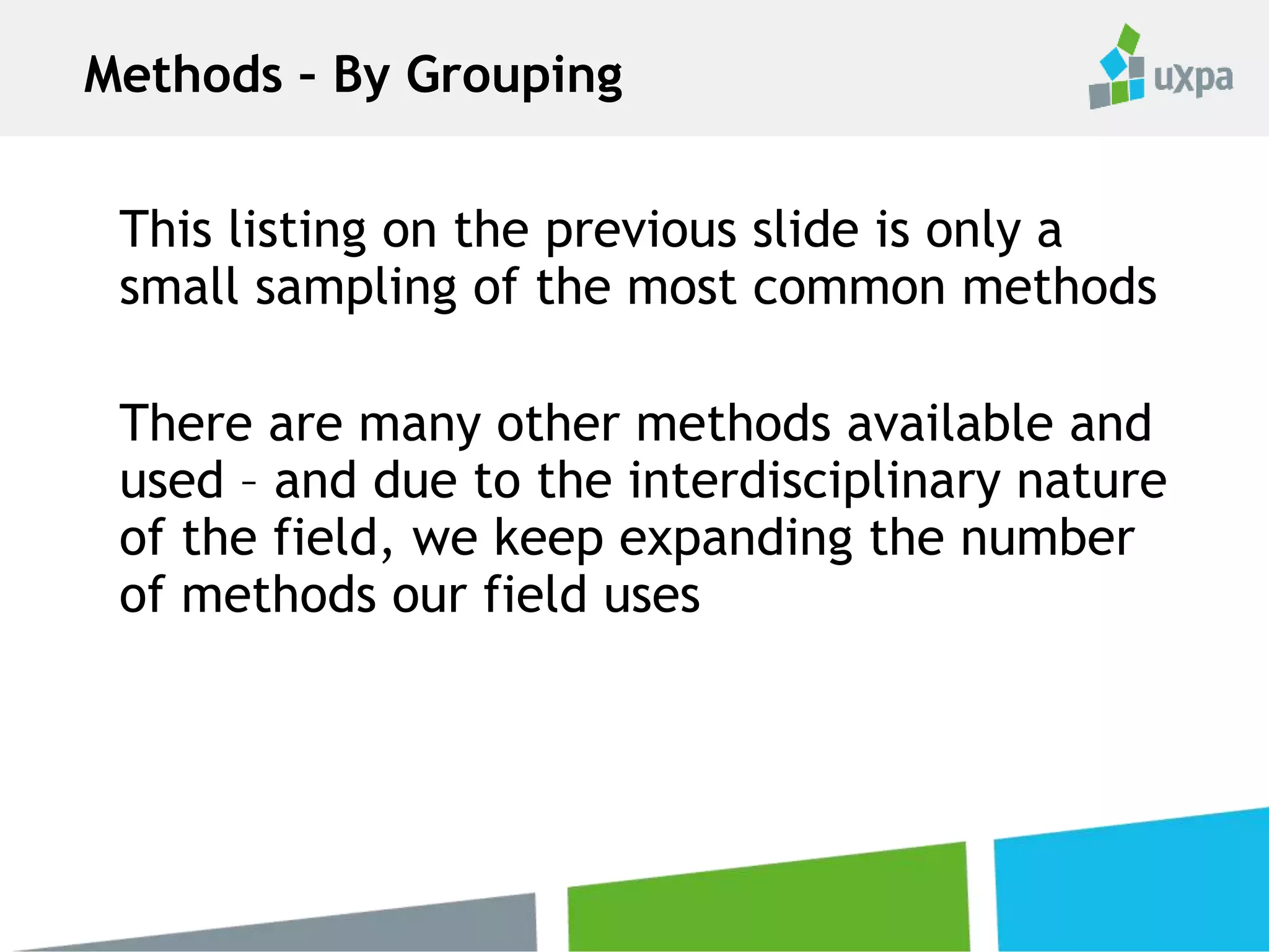 This listing on the previous slide is only a
small sampling of the most common methods
There are many other methods available and
used – and due to the interdisciplinary nature
of the field, we keep expanding the number
of methods our field uses
Methods – By Grouping
 