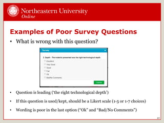 Examples of Poor Survey Questions
• What is wrong with this question?
27
• Question is leading (‘the right technological depth’)
• If this question is used/kept, should be a Likert scale (1-5 or 1-7 choices)
• Wording is poor in the last option (“Ok” and “Bad/No Comments”)
 