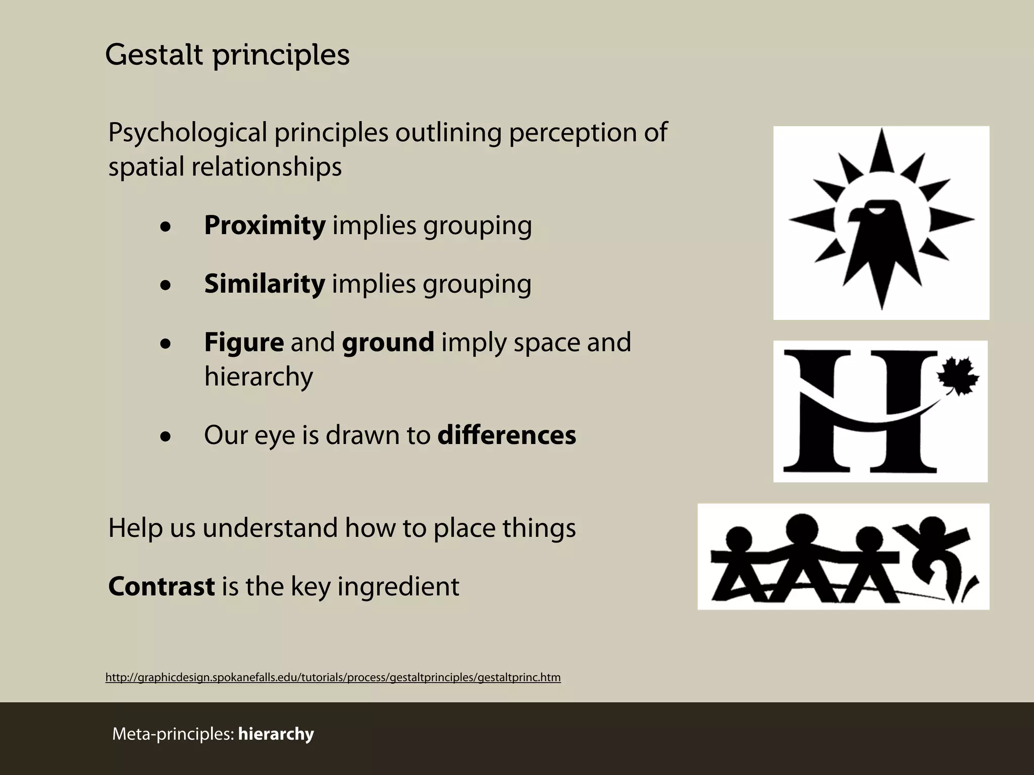Gestalt principles
Psychological principles outlining perception of
spatial relationships

•
•
•

Proximity implies grouping

•

Our eye is drawn to diﬀerences

Similarity implies grouping
Figure and ground imply space and
hierarchy

Help us understand how to place things
Contrast is the key ingredient
http://graphicdesign.spokanefalls.edu/tutorials/process/gestaltprinciples/gestaltprinc.htm

Meta-principles: hierarchy

 