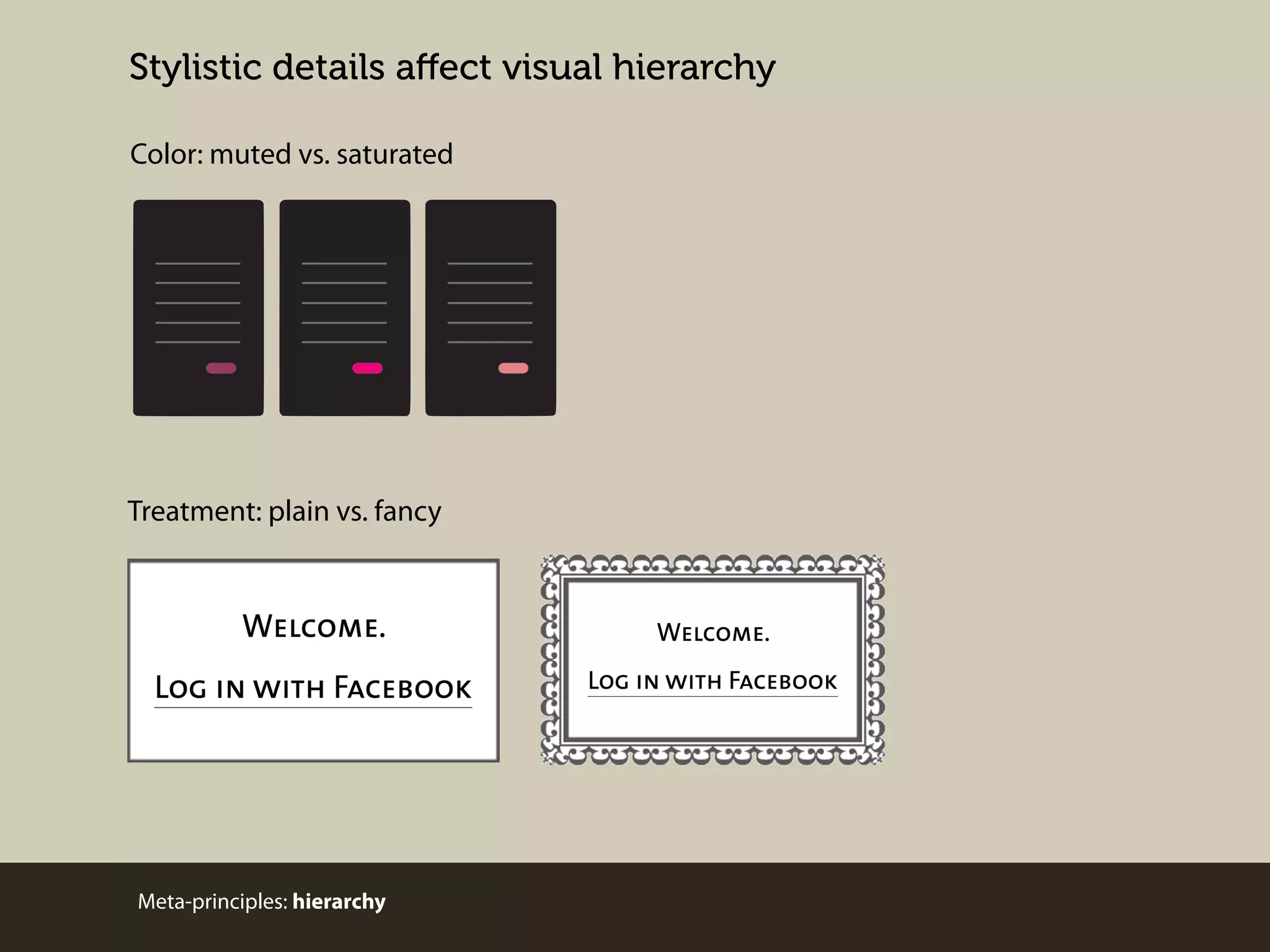Stylistic details aﬀect visual hierarchy
Color: muted vs. saturated

Treatment: plain vs. fancy

Meta-principles: hierarchy

 