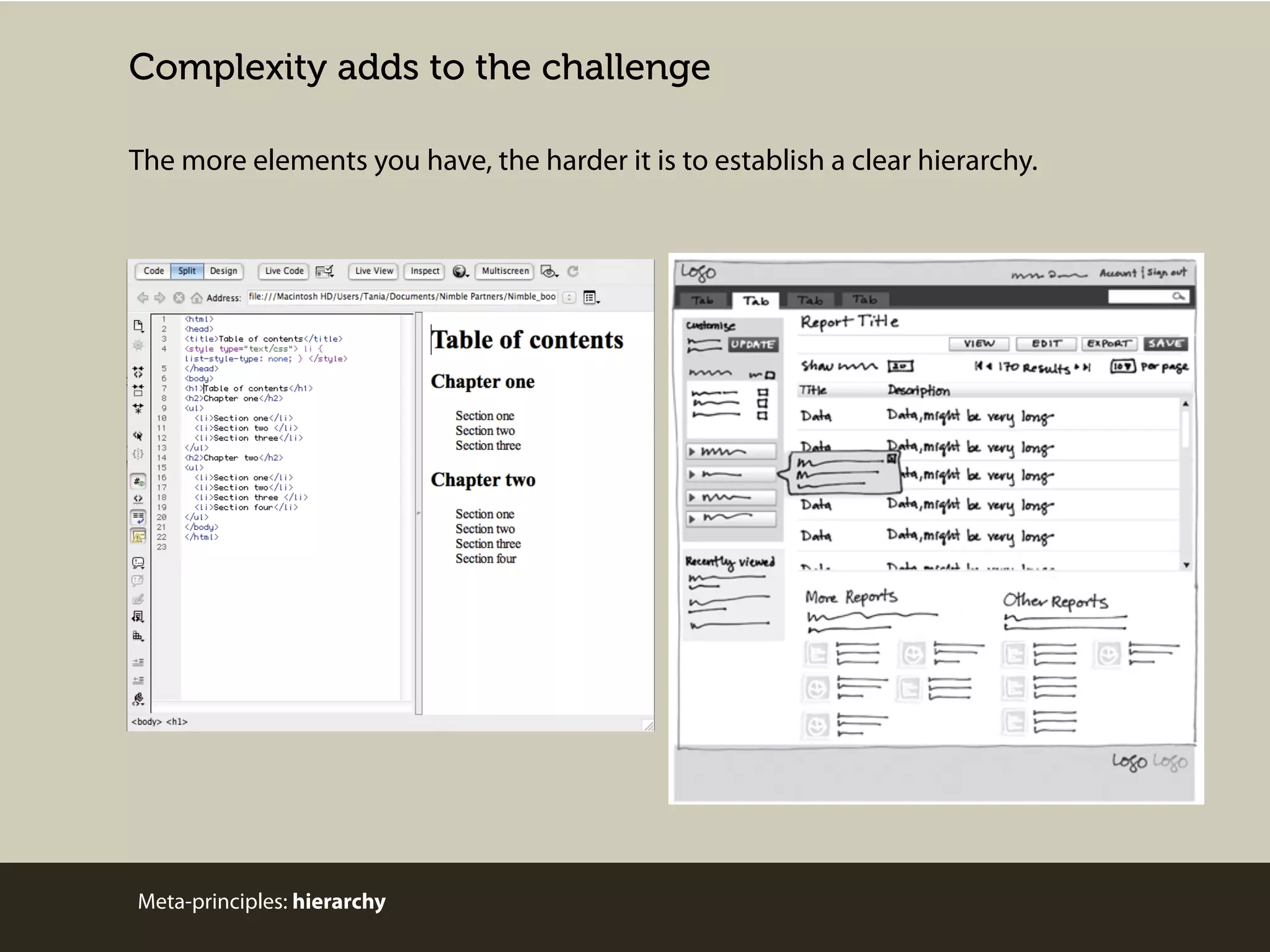 Complexity adds to the challenge
The more elements you have, the harder it is to establish a clear hierarchy.

Meta-principles: hierarchy

 