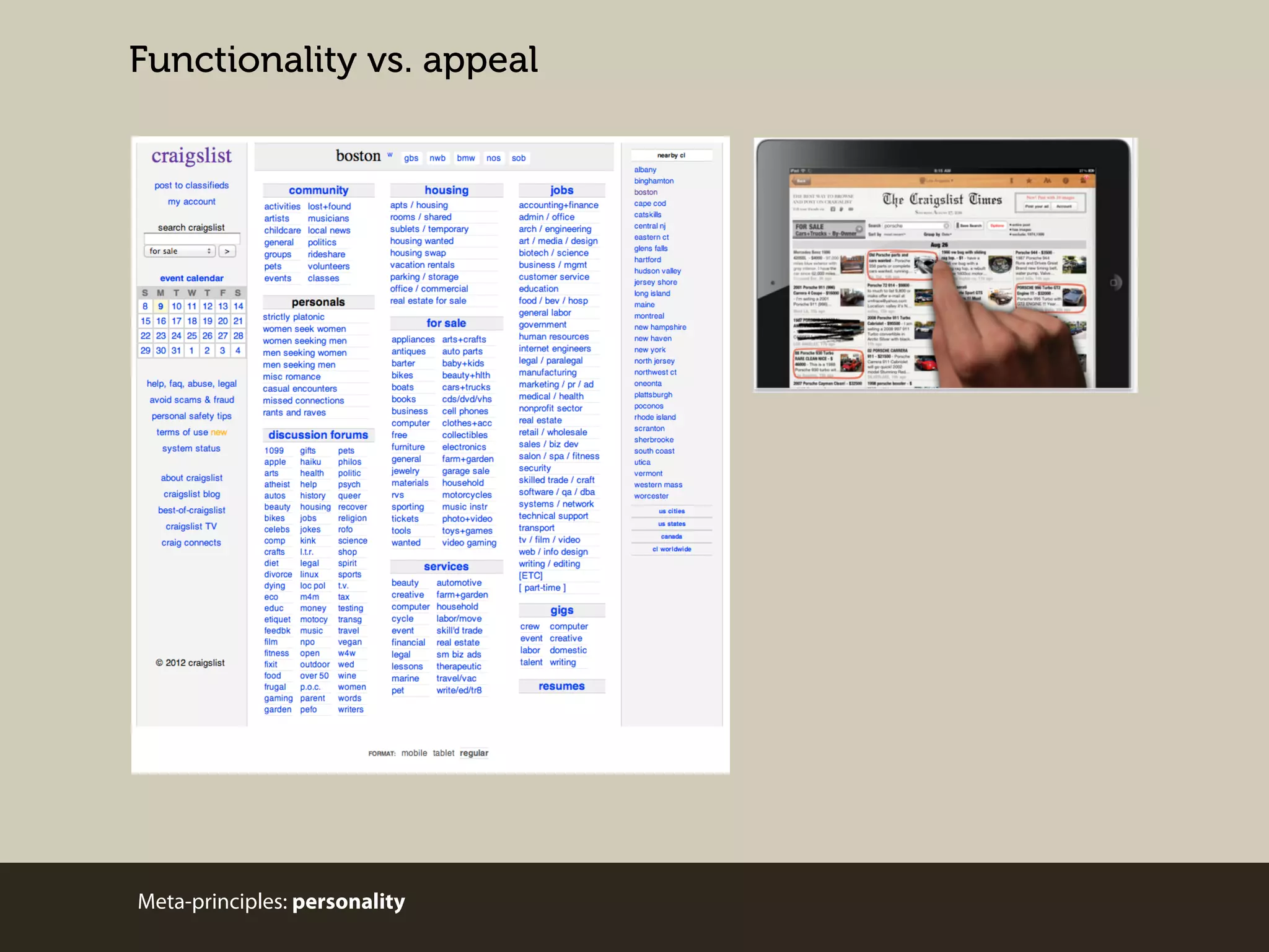 Functionality vs. appeal

Meta-principles: personality

 
