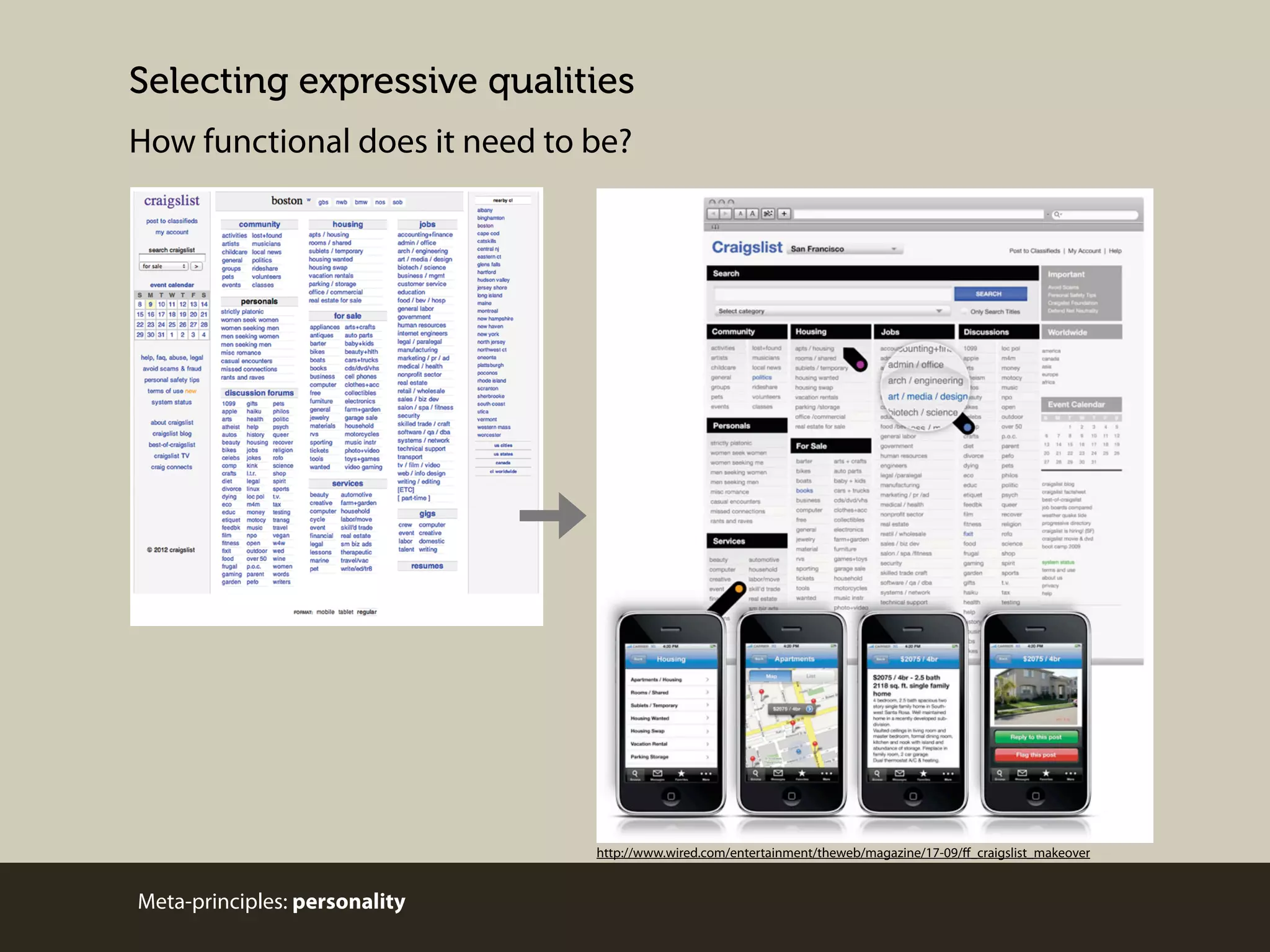 Selecting expressive qualities
How functional does it need to be?

http://www.wired.com/entertainment/theweb/magazine/17-09/ﬀ_craigslist_makeover

Meta-principles: personality

 