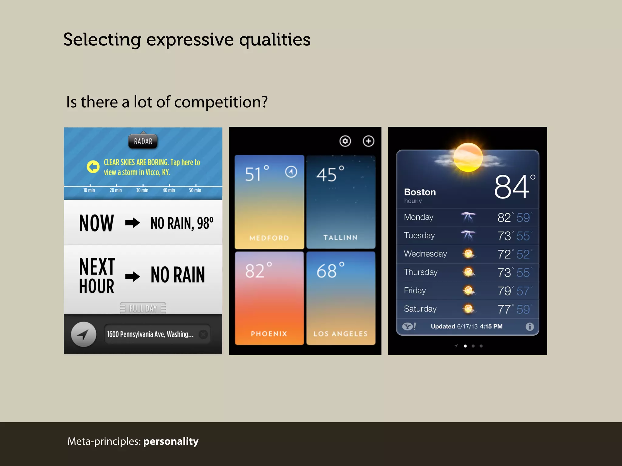 Selecting expressive qualities
Is there a lot of competition?

Meta-principles: personality

 