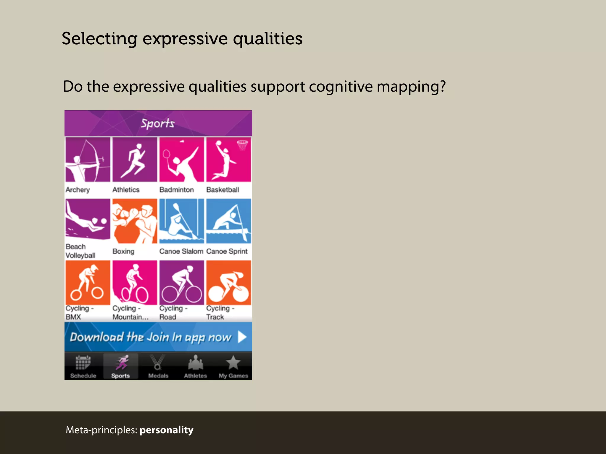 Selecting expressive qualities
Do the expressive qualities support cognitive mapping?

Meta-principles: personality

 