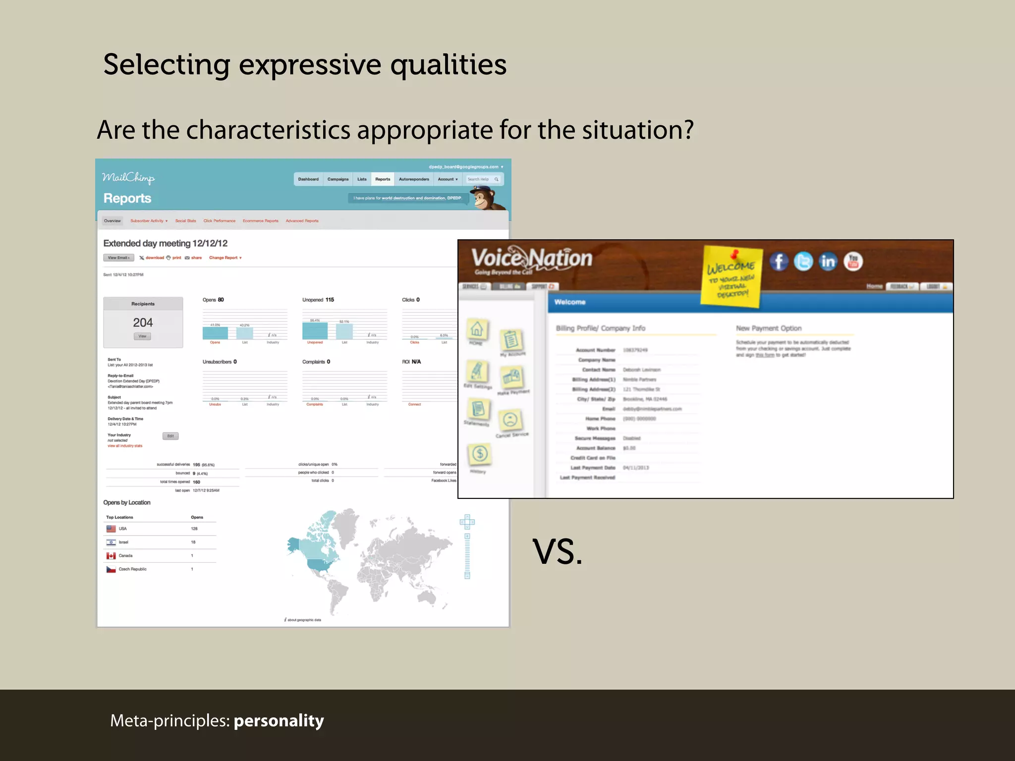 Selecting expressive qualities
Are the characteristics appropriate for the situation?

VS.

Meta-principles: personality

 