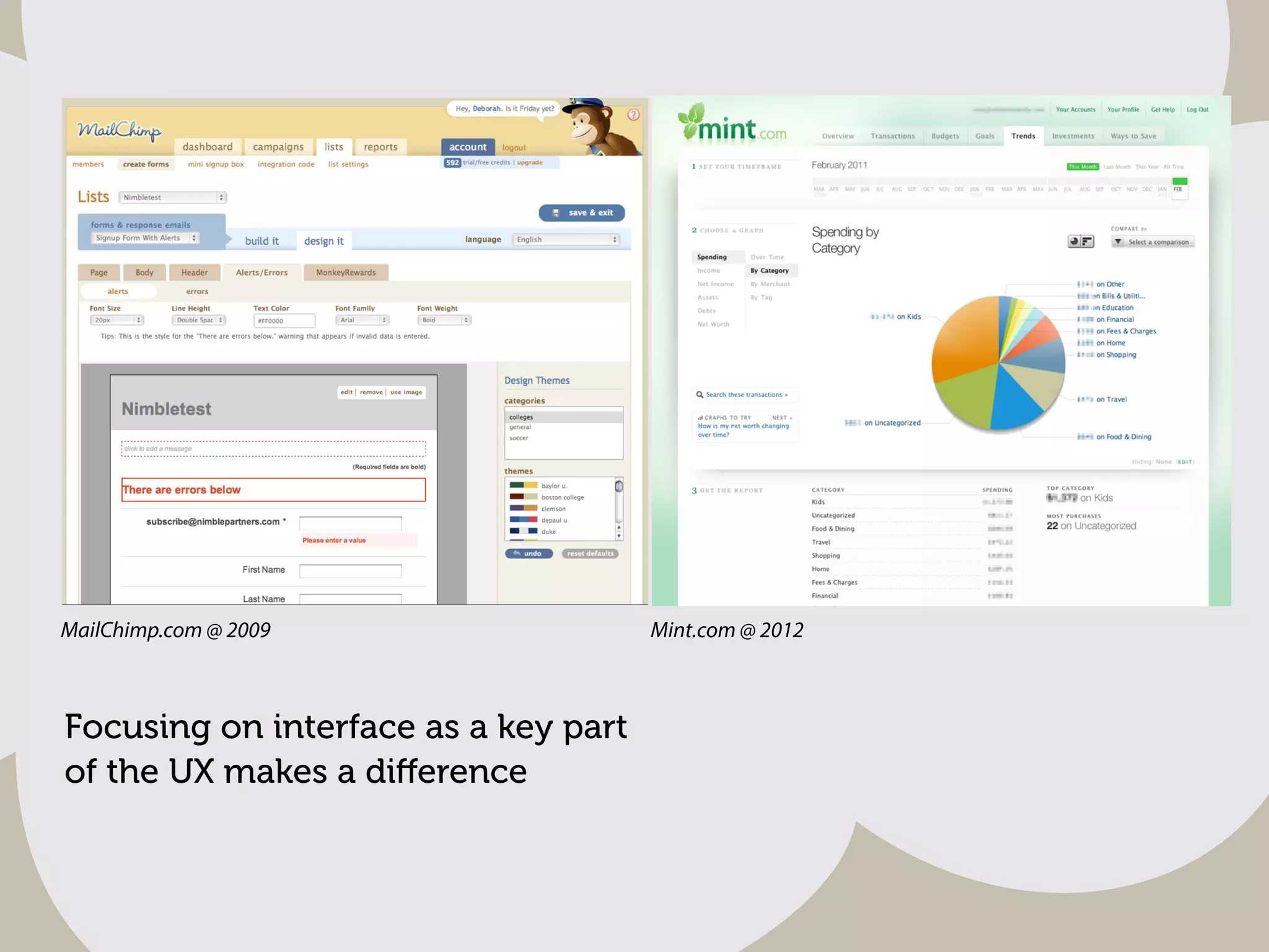 MailChimp.com @ 2009

Focusing on interface as a key part
of the UX makes a diﬀerence

Mint.com @ 2012

 