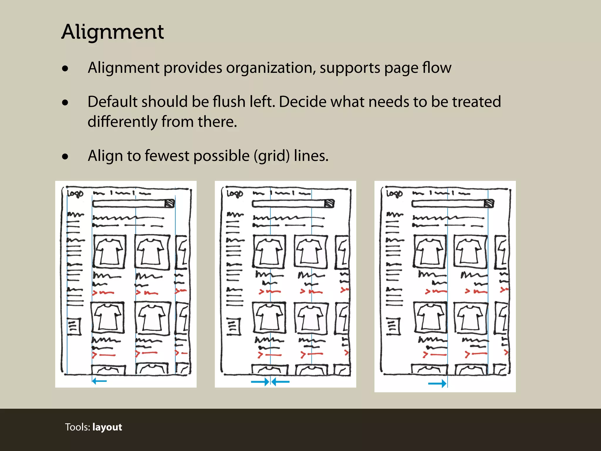 Alignment

•
•

Alignment provides organization, supports page flow

•

Align to fewest possible (grid) lines.

Default should be flush left. Decide what needs to be treated
diﬀerently from there.

Tools: layout

 