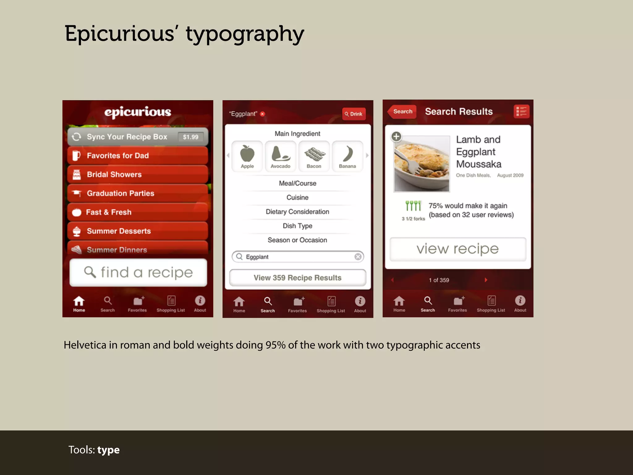 Epicurious’ typography

Helvetica in roman and bold weights doing 95% of the work with two typographic accents

Tools: type

 