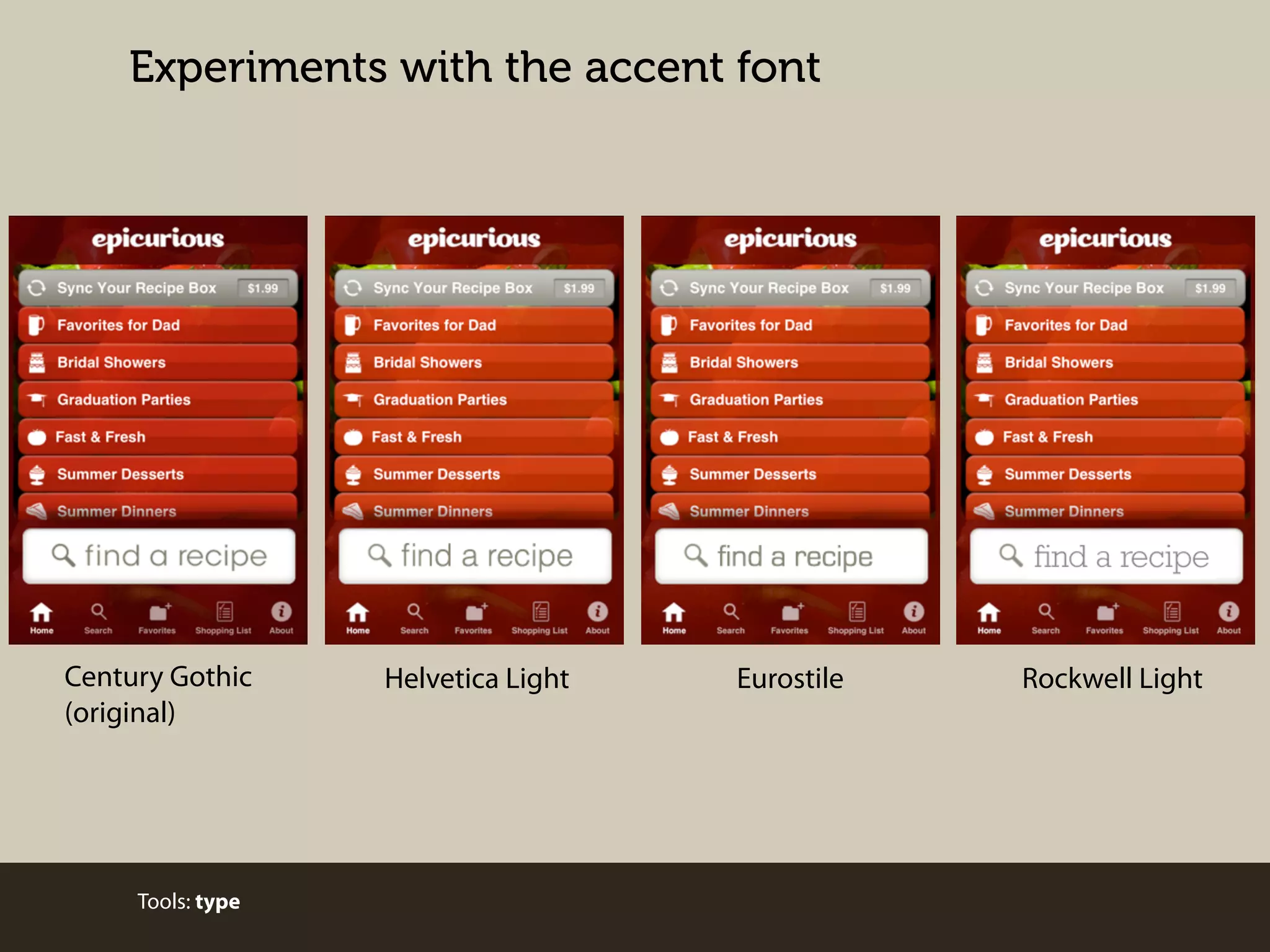 Experiments with the accent font

Century Gothic
(original)

Tools: type

Helvetica Light

Eurostile

Rockwell Light

 