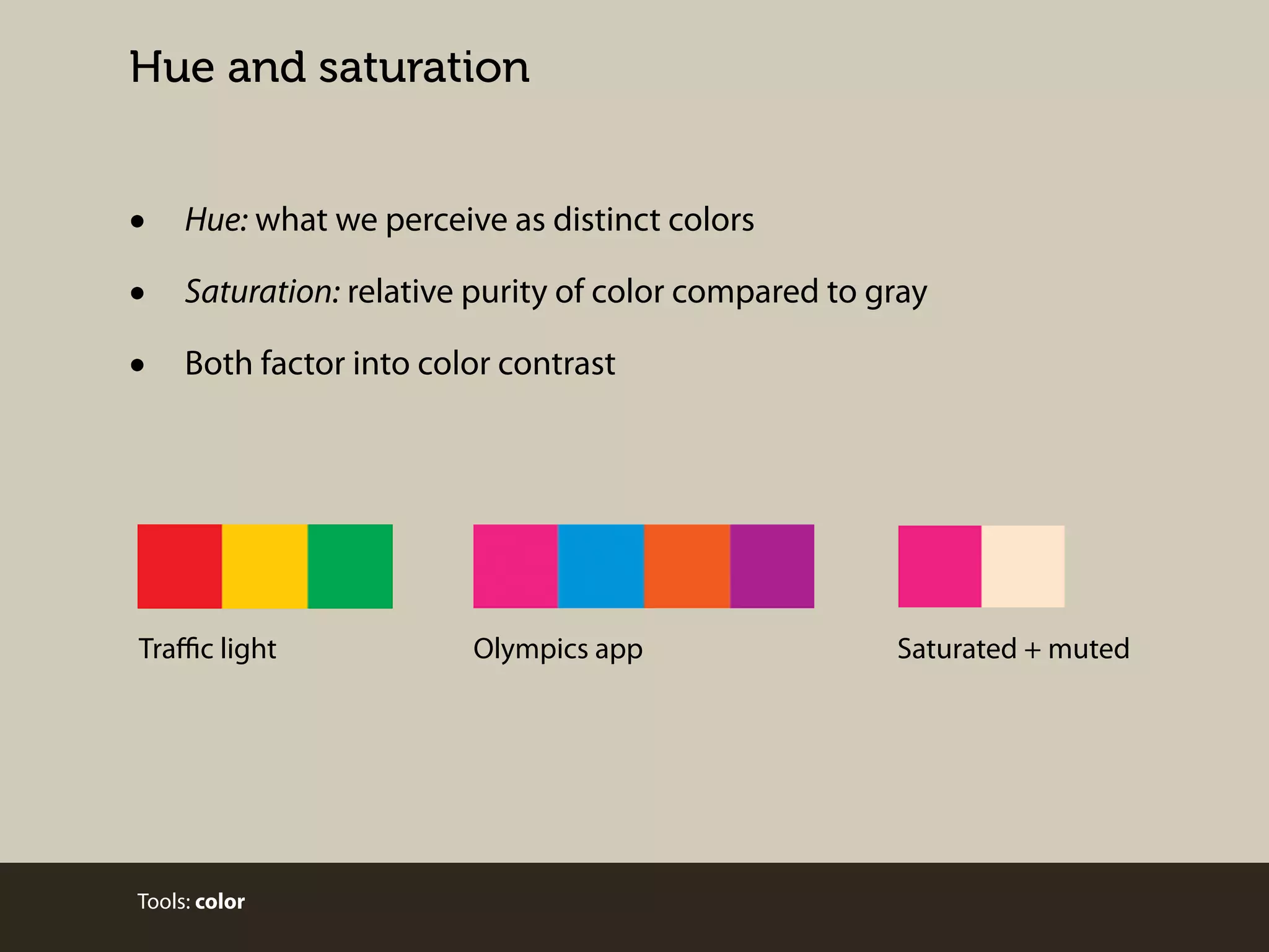 Hue and saturation

•
•
•

Hue: what we perceive as distinct colors
Saturation: relative purity of color compared to gray
Both factor into color contrast

Traﬃc light

Tools: color

Olympics app

Saturated + muted

 