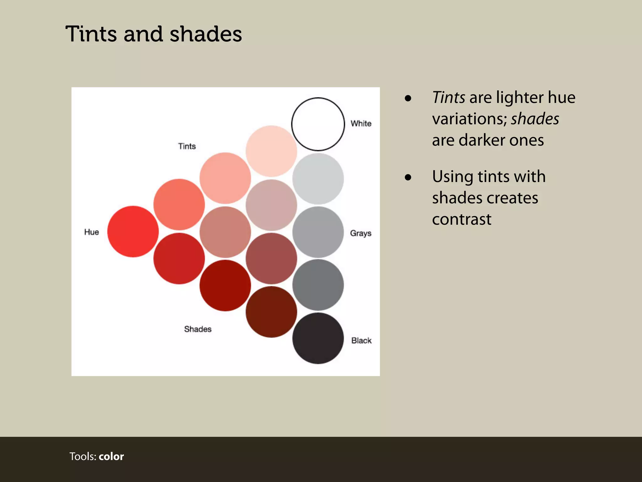Tints and shades

•
•

Tools: color

Tints are lighter hue
variations; shades
are darker ones
Using tints with
shades creates
contrast

 