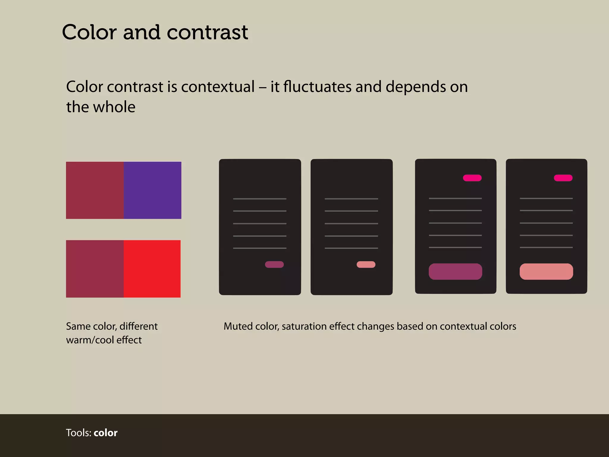 Color and contrast
Color contrast is contextual – it fluctuates and depends on
the whole

Same color, diﬀerent
warm/cool eﬀect

Tools: color

Muted color, saturation eﬀect changes based on contextual colors

 