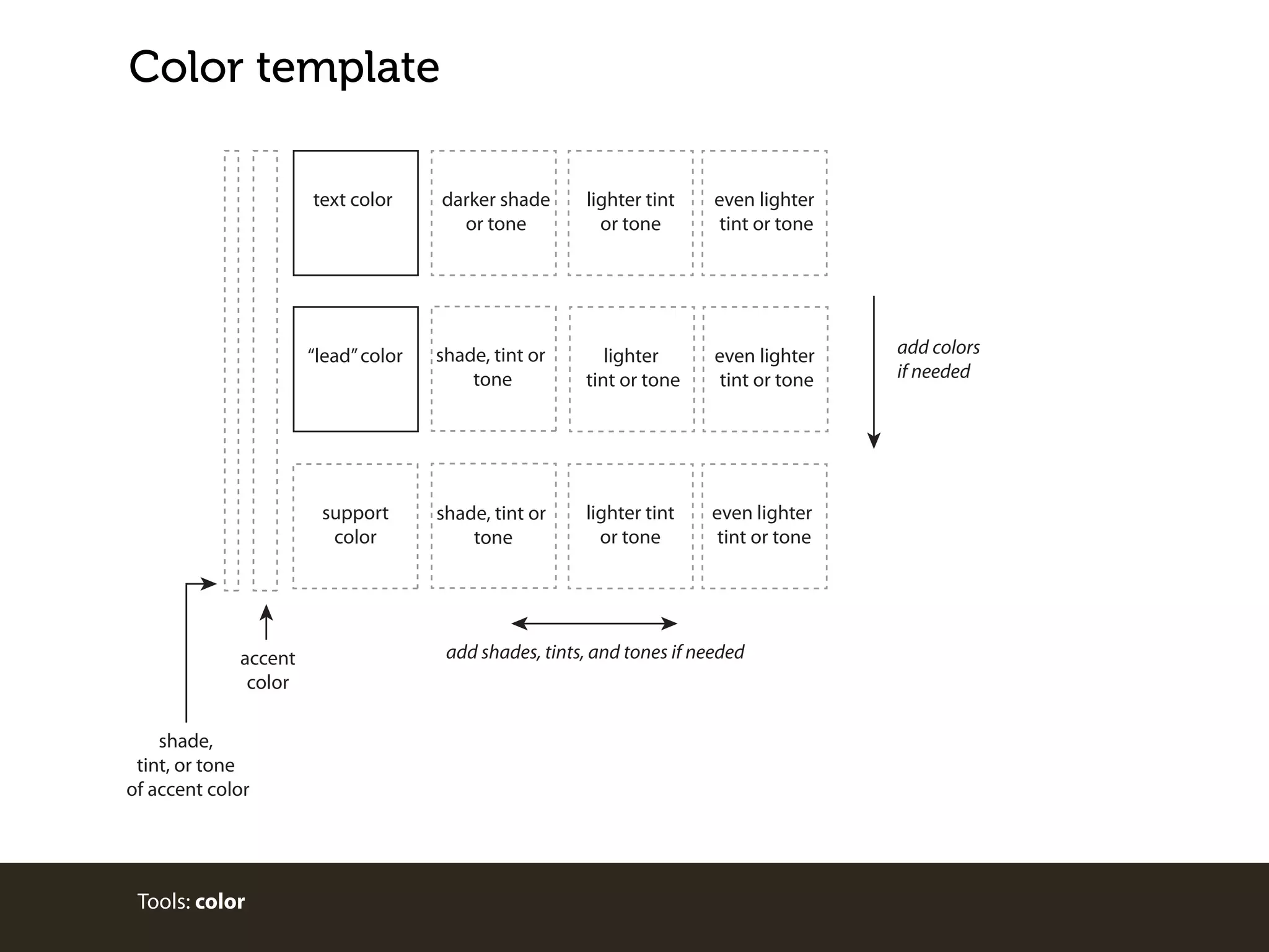 Color template
text color

Tools: color

even lighter
tint or tone

shade, tint or
tone

lighter
tint or tone

even lighter
tint or tone

support
color

shade,
tint, or tone
of accent color

lighter tint
or tone

“lead” color

accent
color

darker shade
or tone

shade, tint or
tone

lighter tint
or tone

even lighter
tint or tone

add shades, tints, and tones if needed

add colors
if needed

 