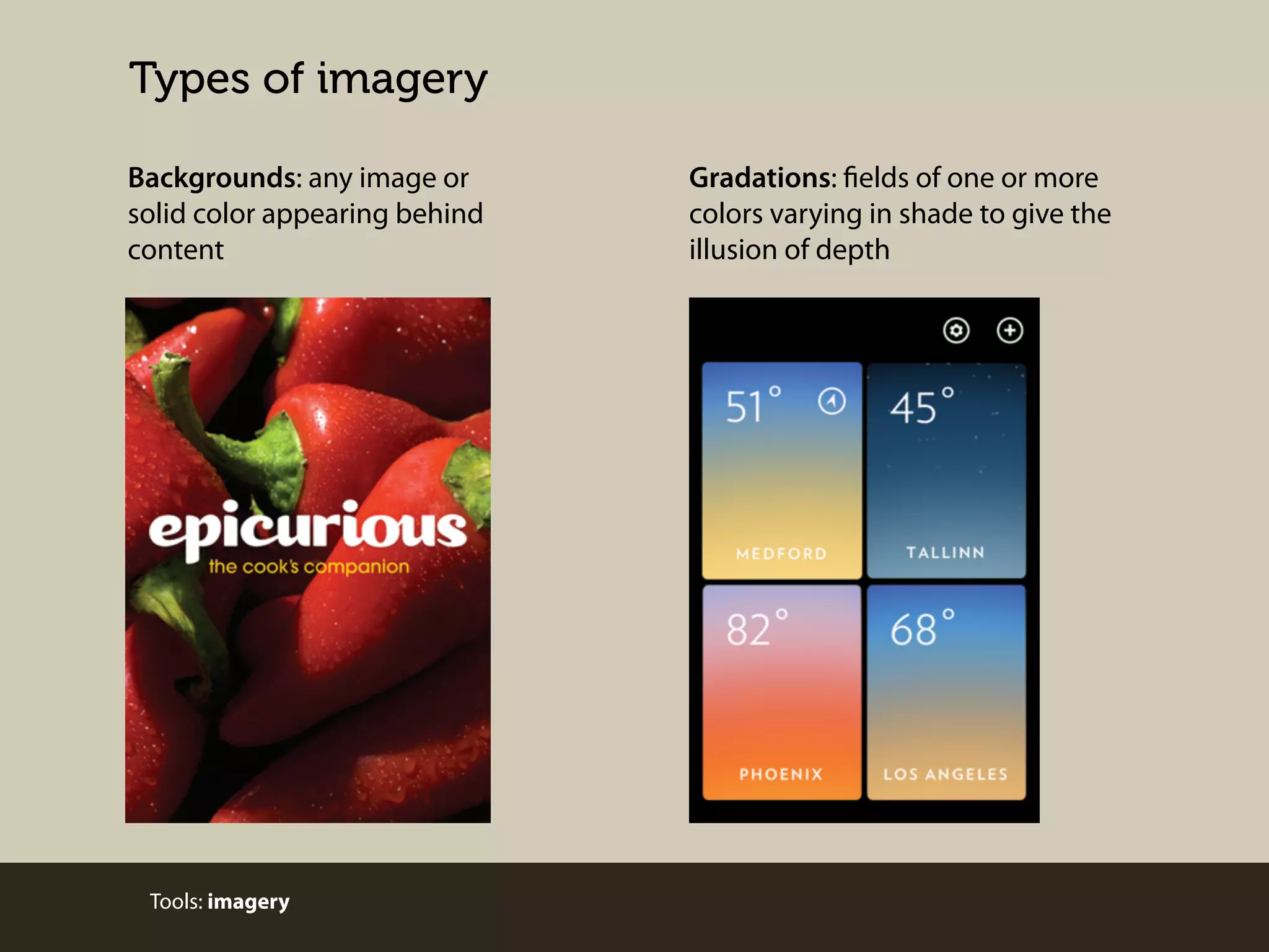 Types of imagery
Backgrounds: any image or
solid color appearing behind
content

Tools: imagery

Gradations: fields of one or more
colors varying in shade to give the
illusion of depth

 