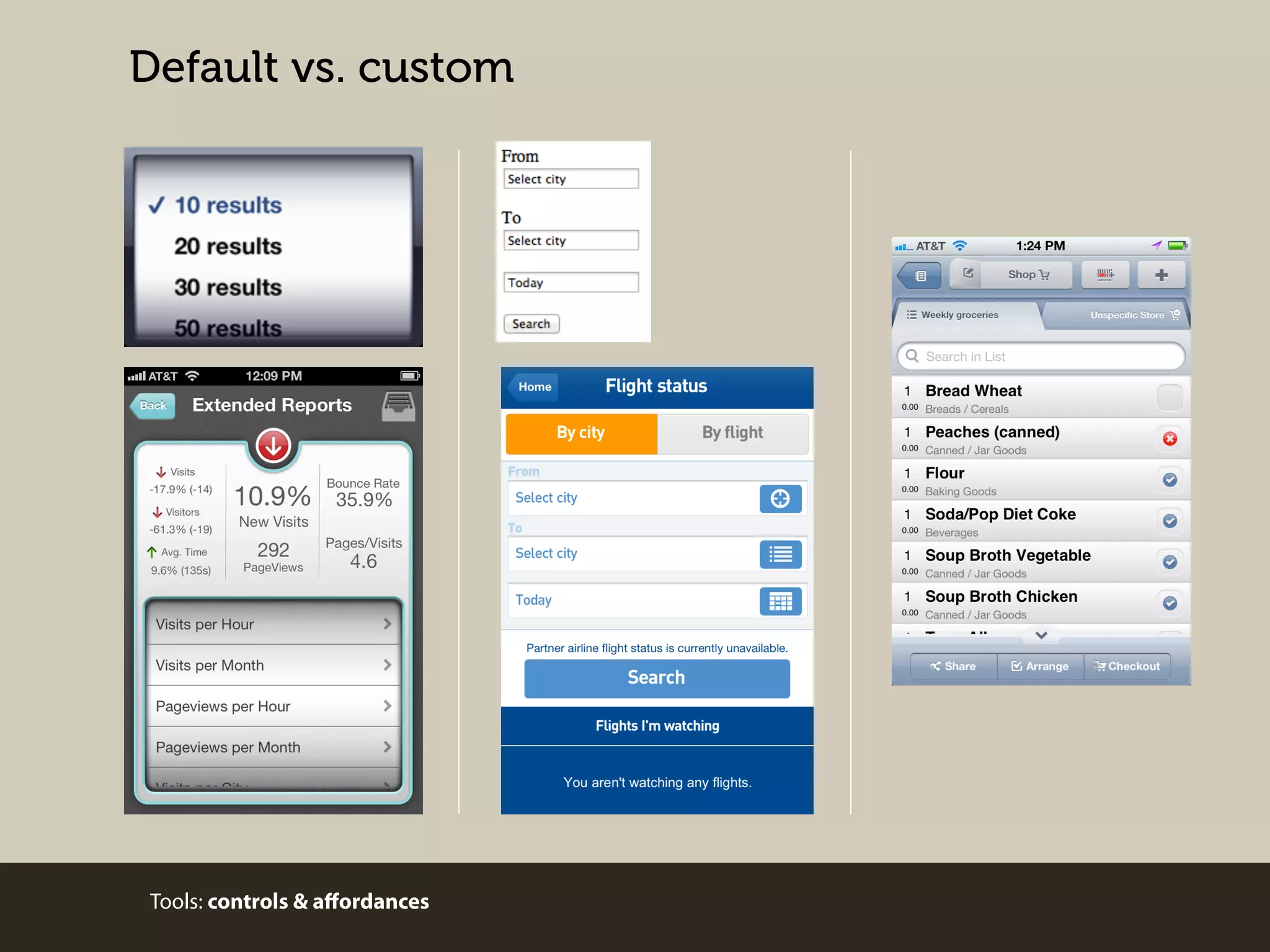 Default vs. custom

Tools: controls & aﬀordances

 