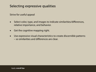Selecting expressive qualities
Strive for useful appeal

•

Select color, type, and images to indicate similarities/diﬀerences,
relative importance, and behavior.

•
•

Get the cognitive mapping right.
Use expressive visual characteristics to create discernible patterns
– so similarities and diﬀerences are clear.

Apply: overall tips

 