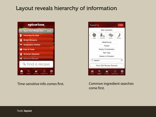 Layout reveals hierarchy of information

Time-sensitive info comes first.

Tools: layout

Common ingredient searches
come first.

 