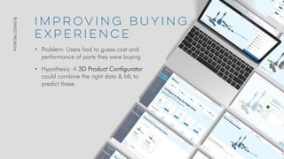 IMPROVING BUYING
EXPERIENCE
• Problem: Users had to guess cost and
performance of parts they were buying
• Hypothesis: A 3D Product Configurator
could combine the right data & ML to
predict these
 