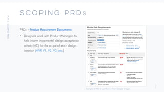 3
1
Scoping prdS
PRDs =Product Requirement Documents
• Designers work with Product Managers to
help inform incremental design acceptance
criteria (AC) for the scope of each design
iteration (MVP
, V1, V2, V3, etc.)
Version
MVP
MVP
V1
V2
Example of PRD in Confluence from Google Images
 