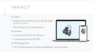 3
3
For Users:
• Reduced procurement time from two (2) weeks
to a few minutes
• Cost savings for part configurations
For Business:
• Customer retention for new features
• Increased demand for Part RFPs
For Technology Team:
• On-Time Deliverables, UX practice established, renewed morale
IMPACT
 