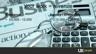 Your work = revenue
Freelance             Agency / Client-side
• £5,000 - 12,000     • £10,000 - £30,000
 