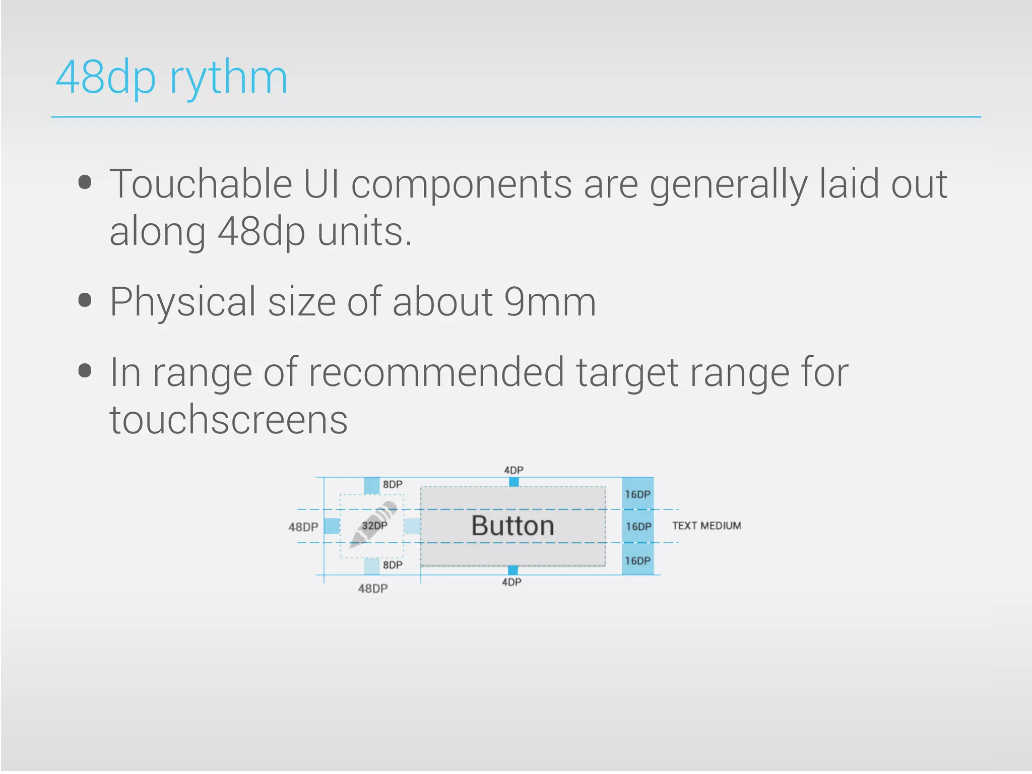 48dp rythm
• Touchable UI components are generally laid out
along 48dp units.
• Physical size of about 9mm
• In range of recommended target range for
touchscreens
 