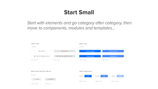 Start Small
Start with elements and go category after category, then
move to components, modules and templates...
 