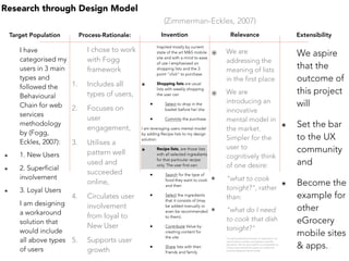 Research through Design Model
                                                              (Zimmerman-Eckles, 2007)
    Target Population        Process-Rationale:             Invention                             Relevance                                           Extensibility
                                                          Inspired mostly by current
       I have                  I chose to work                                            ๏   We are
                                                          state of the art M&S mobile
                                                                                                                                                      We aspire
       categorised my          with Fogg                  site and with a mind to ease
                                                                                              addressing the
       users in 3 main         framework
                                                          of use I emphasised on
                                                          shopping lists and the 3            meaning of lists                                        that the
                                                          point "click" to purchase.
       types and                                                                              in the first place                                      outcome of
       followed the    1.      Includes all       ๏       Shopping lists are usual


       Behavioural             types of users,
                                                          lists with weekly shopping
                                                          the user can                    ๏   We are                                                  this project
                                                                                              introducing an                                          will
       Chain for web 2.        Focuses on
                                                      •       Select to drop in the
                                                              basket before he/ she           innovative
       services
                               user                   •       Commits the purchase.           mental model in
       methodology
                               engagement,        I am leveraging users mental model          the market.
                                                                                                                ๏                                     Set the bar
       by (Fogg,
       Eckles, 2007):
                                                  by adding Recipe lists to my design
                                                  solution.                                   Simpler for the                                         to the UX
                       3.      Utilises a
                                                  ๏       Recipe lists, are those lists       user to                                                 community
       1. New Users            pattern well
๏                                                         with all selected ingredients
                                                                                              cognitively think
                               used and                   for that particular recipe
                                                          only. The user first can:           of one desire:                                          and
๏      2. Superficial
                               succeeded              •       Search for the type of
       involvement                                                                        •   "what to cook
                               online,                        food they want to cook
                                                              and then
                                                                                              tonight?", rather
                                                                                                                ๏                                     Become the
๏      3. Loyal Users
                        4.     Circulates user        •       Select the ingredients
                                                              that it consists of (may
                                                                                              than:                                                   example for
       I am designing          involvement
       a workaround
                                                              be added manually or
                                                              even be recommended         •   "what do I need                                         other
                               from loyal to                  to them).
       solution that                                                                          to cook that dish                                       eGrocery
                               New User               •       Contribute Value by
                                                                                              tonight?"
       would include                                          creating content for
                                                                                                                                                      mobile sites
                                                              the site
       all above types 5.      Supports user                                                  The above statement however is a speculation, we



                                                                                                                                                      & apps.
                                                                                              would need to conduct user testing to test the
                                                                                              hypothesis. We are yet to fathom its extensibility as
                                                      •       Share lists with their
       of users                growth                         friends and family
                                                                                              a sheer recommendation system to simplify the
                                                                                              currently designed mental model.
 