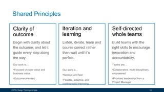 Shared Principles
Begin with clarity about
the outcome, and let it
guide every step along
the way.
Our work is…
•Focused on user value and
business value.
•Outcome-oriented.
Listen, iterate, learn and
course correct rather
than wait until it’s
perfect.
Our work is…
•Iterative and fast.
•Flexible, adaptive, and
continuously improving.
Build teams with the
right skills to encourage
innovation and
accountability.
Teams are…
•Collaborative, multi-disciplinary,
empowered
•Provided leadership from a
Project Manager
Iteration and
learning
Clarity of
outcome
Self-directed
whole teams
13UXPIN: Design Thinking and Agile
 